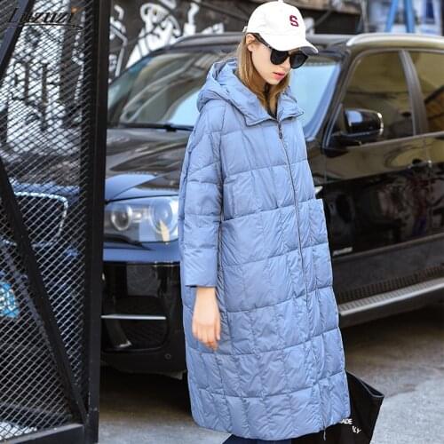 Luzuzi Women Loose Long Coat 90% Duck Down Jacket Winter Female Plus Size Overcoat Winter Jacket Women Stitching Hooded Parkas
