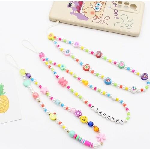 Cute Mobile Phone Strap Lanyard Colorful Smile Pearl Flow Beads Soft Pottery Rope for Cell Phone Key Hanging Cord for Women