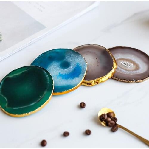 Natural Agate Piece Gold Edge Coffee Cup Pad Nordic Ins Home Dining Table Cup Saucer Decorative Storage Ornament