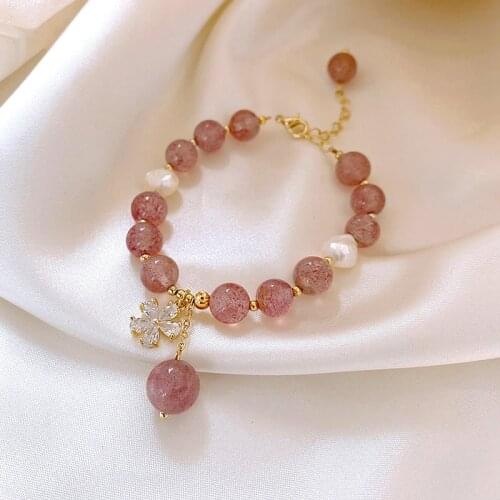 Natural Freshwater Pearls Pink Strawberry Crystal Bracelet Flower Zircon Trendy Korea Women Bracelets Fashion Jewelry YBR327