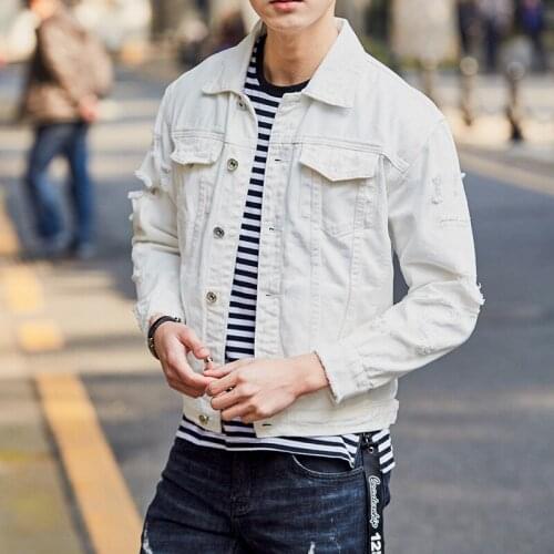 New Arrivals Men Hole Denim Jacket Spring Fashion Trend Solid color Washed Mens Jeans Jacket Coat Casual White Cowboy Outerwear