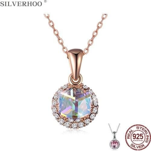 SILVERHOO 925 Sterling Silver Necklaces Lovely Square Pendant Necklace For Women Double-Sided Austria Crystal Fine Jewelry Gift