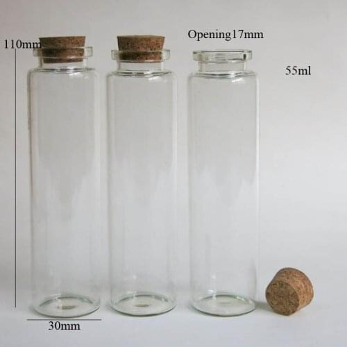 30 x 55ml Empty Clear Glass Bottle with Cork 50cc Cork Stoppers Bbottle Vials Display Glass Container with Cork Lid 30*110*17mm