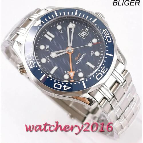 Relogio Masculino Mens Watches Top Brand Blue Dial GMT Sapphire 41mm Luxury Men Military Steel strap Wristwatch Automatic Watch