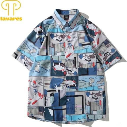 TAVARES Casual Shirts Men Summer Short Sleeve Shirt Women Hawaiian Beach Blouses Anime Comics Cute Cat Harajuku Hippie Cardigan
