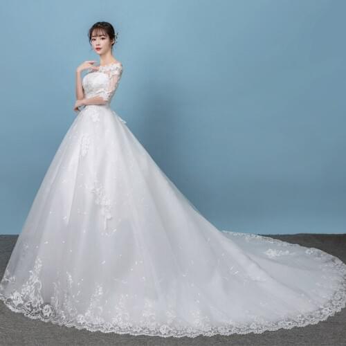 Hot Trailing Wedding Dresses 2020 Embroidery Off-Shoulder Lace Up Train Wedding Dress Plus Size Ball Gowns Vestido De Noiva