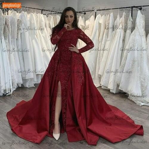 Formal Arabic Red Evening Gowns Long Sleeves Lace Beaded Satin Slim Fit Sexy Women Dresses Party Custom Made 2020 Robe De Soiree
