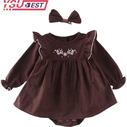 Spring Baby Girl Bodysuits Embroidery Girls' Baby Plaid Bodysuits +Hairpin Long Sleeve Triangle Bodysuit Little Girls Clothing