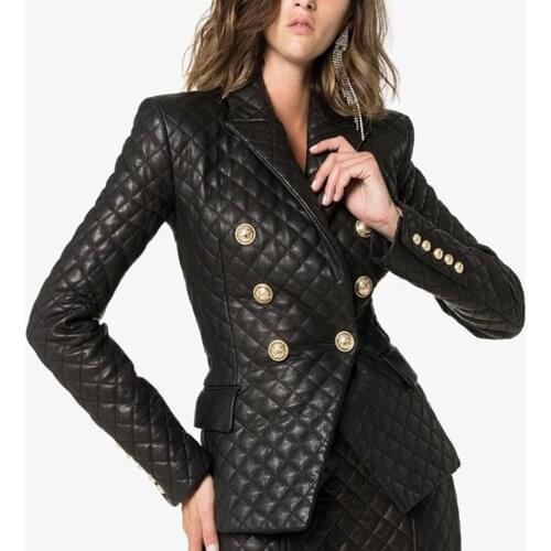 High-Quality Leather Blazers Women Double-Breasted Lion Buttons Slim Leather Jacket Women Elegant Ladies Blazers Blazer Femme