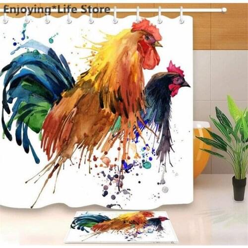 Splash Watercolor Rooster Shower Curtain Set Colorful Shower Curtain Bathroom Bath Mat Waterproof Fabric Rugs with Mat 12 Hooks