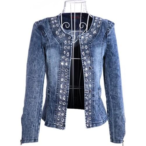 New Slim Denim Jackets Outerwear Coats Classical Rhinestone Sequins Retro Jackets Women Coats With Rivets Female Jackets H223
