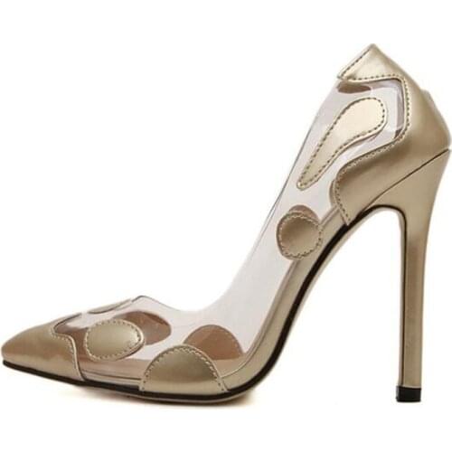 Women Pumps Pointed Toe Slip on Patent Leather High Heels Wedding Shoes Fashion PVC Thin Heel Zapatos Mujer Gold Red