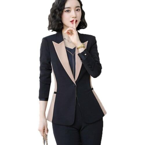 Pant Suit Women Stitching Color Suit Jacket Office Lady Work Wear Black Business Blazer Skirt 2 Piece Suit Set