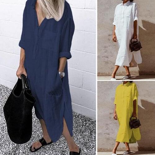 2021 Women Fashion Sundress Solid Color Long Sleeve Pockets Side Slitting Hem Maxi Shirt Dress Female Loose Large Swing Casual