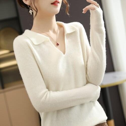 Autumn Winter Womans Sweater Female Pullover Chic Turn-Down Collar Long Sleeve 100% Wool Knitted Tops Clothes Jumper Pull Femme