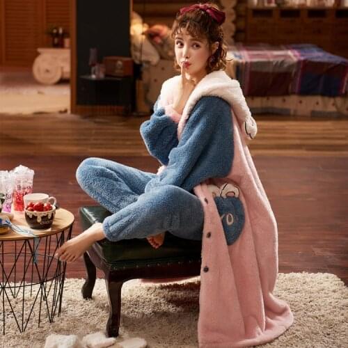 Pajamas Suit Women Winter Long Sleeve Thickened Warm Coral Fleece Nightgown Long Cartoon Cute Flannel Woman Home Wear pyjama pjs