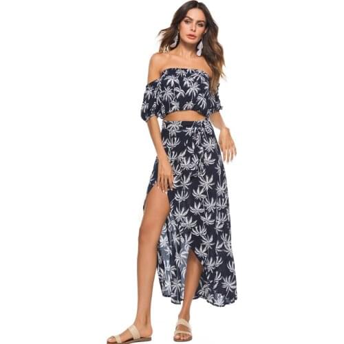 2020 Summer Seaside Resort Beach Dress Set Bohemian Short Sleeve Strapless + Large Swing Sashes Dresses Women Leaves Print Dress