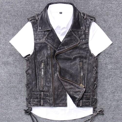 Genuine leather clothing male oblique zipper short fund do used head layer cowhide self-cultivation vest 100% natural calf skin