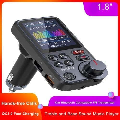 1.8"Wireless Car Bluetooth FM Transmitter Radio Adapter Aux QC3.0 Charging Treble Bass Sound Music Player QC3.0 PD USB Charger