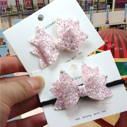 2PCS/LOT Pretty Pink Flash Ties Bows Elastic Bands For Baby Girls Hairpin Creativity Pink Clips Scrunchy Kids Hair Accessories