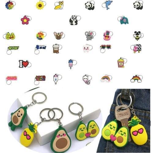 50pcs PVC Animals Avocado Keychain Cactus Motorcycle Cute Key Chain Football Dog Bee Panda Medical Accessories For Bag Kid Gifts