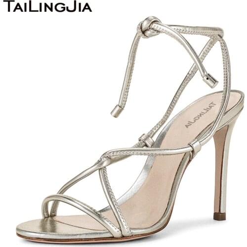 Women Barely There Sandals 2021 Silver Ladies Strappy Heels Gold High Heel Party Dress Shoes Summer Female Footwear Stilettos