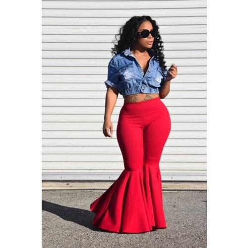 AHVIT Fashion Ruffles Women Flare Pants Skinny Solid Color Hight Waist Nightclub Streetwear Long Pants WNK8825