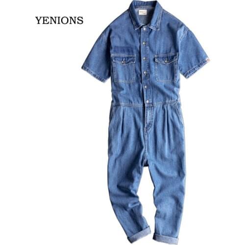2021 Summer Thin Overalls Mens Denim Jumpsuits Lapel Short Sleeve Loose Blue Jeans Hip Hop Cargo Pants Fashion Freight Trousers