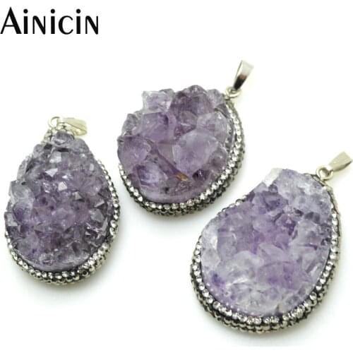 Purple Color Natural Drusy Crystal Water Drop Pendant With Black Rhinestone Clay Paved Pendants for Women jewelry 5pcs/lot