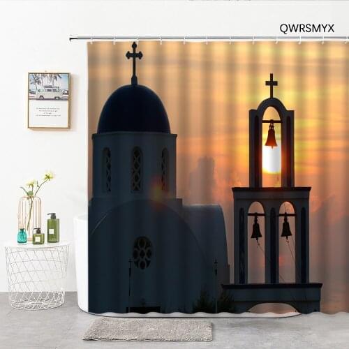 Greece Ocean Seaside Town Landscape Shower Curtains Hook Natural Scenery Bath Curtain Home Toilet Decor Background Wall Cloth