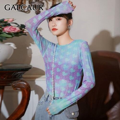 GALCUAR Print Tops For Women O Neck Long Sleeve Patchwork Plus Size Casual Hit Color Skinny T Shirt Female 2021 Autumn Clothing