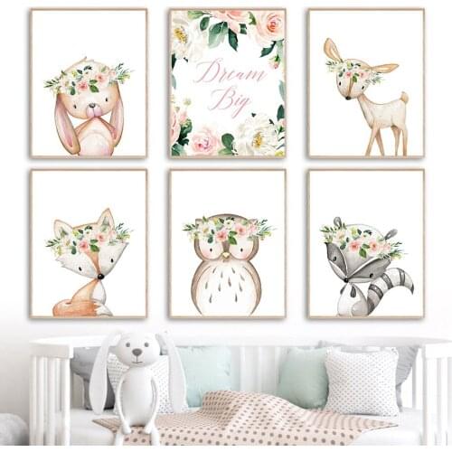 Kawaii Bunny Deer Fox Owl Raccoon Flower Baby Wall Art Canvas Painting Nordic Posters And Prints Wall Pictures Kids Room Decor