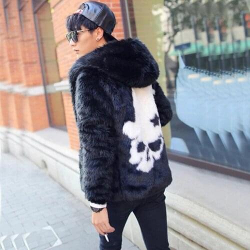 Hot new men fashion faux fur coats White skull rabbit fur overcoats Slim fit black hooded leather bomber jacket Plus Size S~4XL