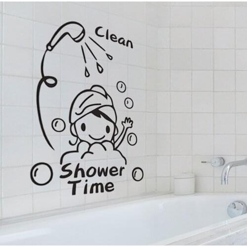 Cartoon Little Girl Taking a Shower Wall Sticker Shower Room Glass Decorative Wall Stickers in the Bathroom for Kids Wallpaper
