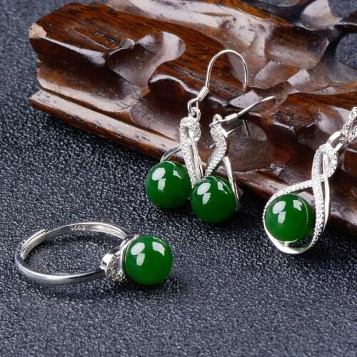 Natural jasper green jade pendant 8mm beads ring earring with 925 sterling silver set jade pendant jade ring jade set