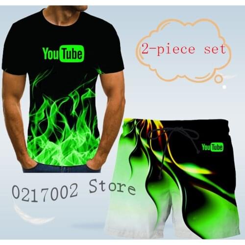 2021 new fashion mens suit YouTube printed 3D t-shirt mens short sleeve suit summer casual shirt casual beach 2-piece suit