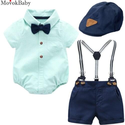 Baby Boy Hat Clothes Navy Cap + Green Striped Romper + Bow + Navy Shorts + Suspenders Belt Sets Infant Clothing Newborn Outfit
