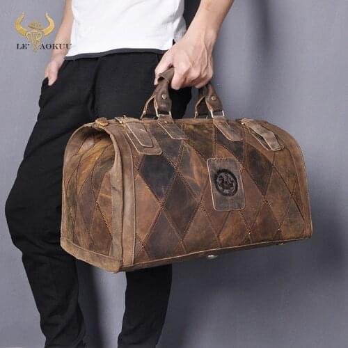 Original Crazy Horse Leather Male Larger Capacity Retro Design Handbag Duffle Luggage Bag Fashion Travel Suitcase Tote Bag 8151