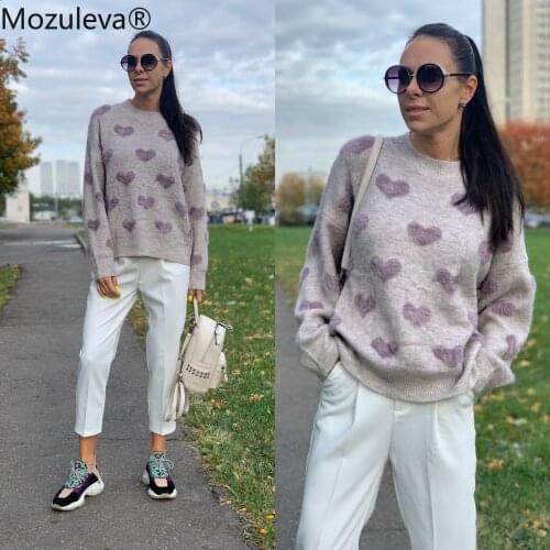 Mozuleva Autumn Heart Pattern Knit Pullover Oversized Sweater Women Jumper Winter Soft Warm Cute Long Sleeve Fluffy Knitwear