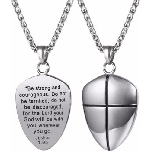 Shield of Faith Pendant Necklace Joshua 1:9b Engraved Shield Stainless Steel Religious Gift Inspirational Jewelry GP2777