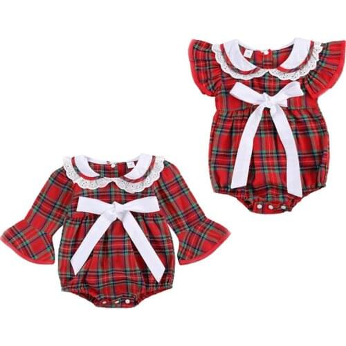 FOCUSNORM 0-18M Xmas Baby Girls Boys Bodysuits Plaid Print Ruffles Sleeve Lace Bow Peter Pan Collar Jumpsuits