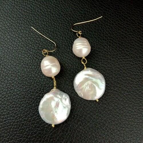 NEW White Coin Keshi Pearl Rice Pearl fashion irregular 13-14MM Tibetan silver earrings
