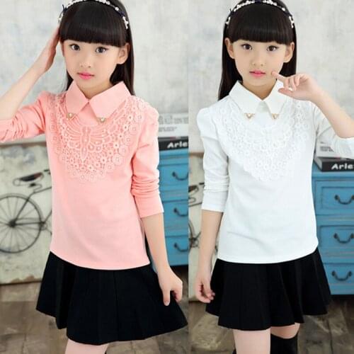 School Girls Blouse Shirts New 2021 Spring Fashion Kids Solid Turn-Down Lace Flower Blouses Quality Children Cotton Clothes