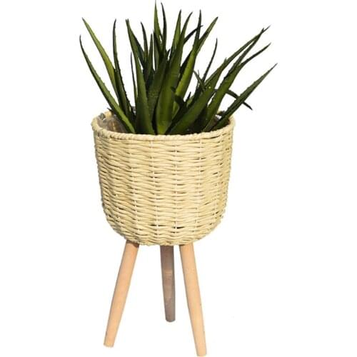 Nordic Floor Woven Round Storage Basket with Wooden Legs Plant Pot Stand Holder Flowerpot Planter Organizer for Living Room Deco