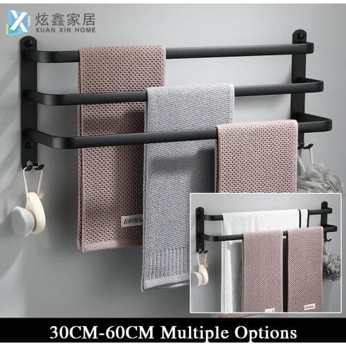 Bathroom Towel Rack Matte Black 30-60CM Towel Hanger Wall Mounted Shower Room Holder Kitchen Aluminum Multilayer Rod Accessories