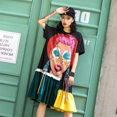 High Street Women Summer Ruffles Spliced Patchwork Dresses Ladies Appliques Tassels Loose Oversized Punk Party Dresses CC009