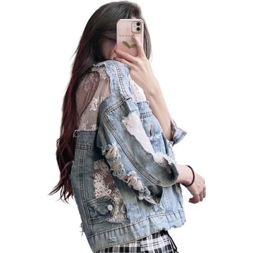 Women Chic Fashion Casual Hollow Out Frayed Denim Jacket Summer 2021 New Perspective Embroidery Lace Loose Sunscreen Outerwear