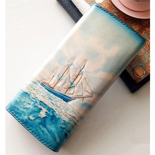 Handmade Women Carving The Blue Sea Sailboat Wallets Card Holder Purses Clutch Vegetable Tanned Leather Beautiful Gift