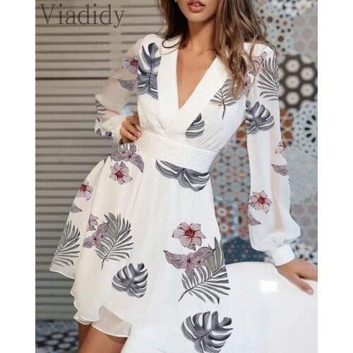 Women Elegant Floral Print V-Neck Lantern Sleeve High Waist Dress