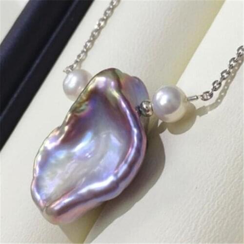 15-18mm Purple Baroque Petal Pearl Pendant 18inch Necklace Flawless no repair holiday cultured light DIY handmade jewelry